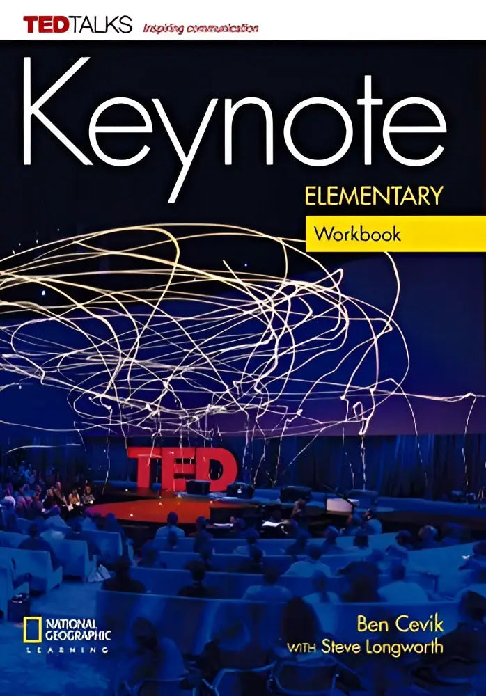 De cover van keynote elem workbook plus audio toont een abstract ontwerp met gloeiende lijnen en blauwe achtergrond voor ideeën en leren