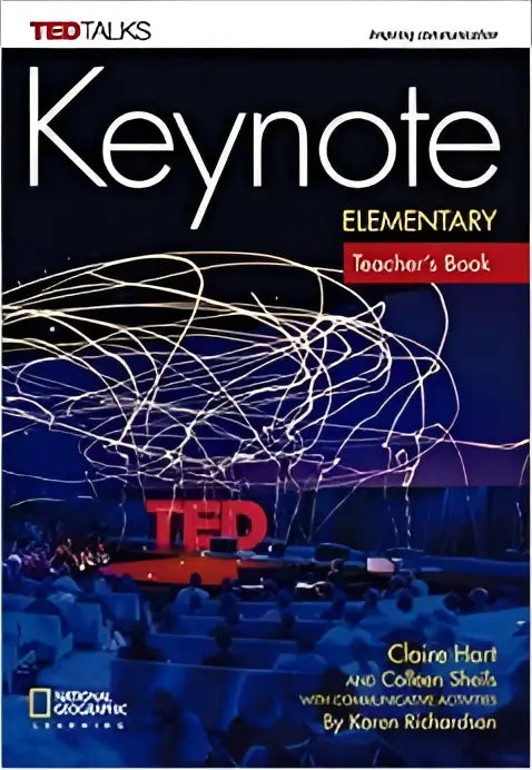 Cover van de keynote elementary teacher’s book met een dynamisch wit lichtspoor op een donkerblauw podium en rode ted letters inclusief class audio cd