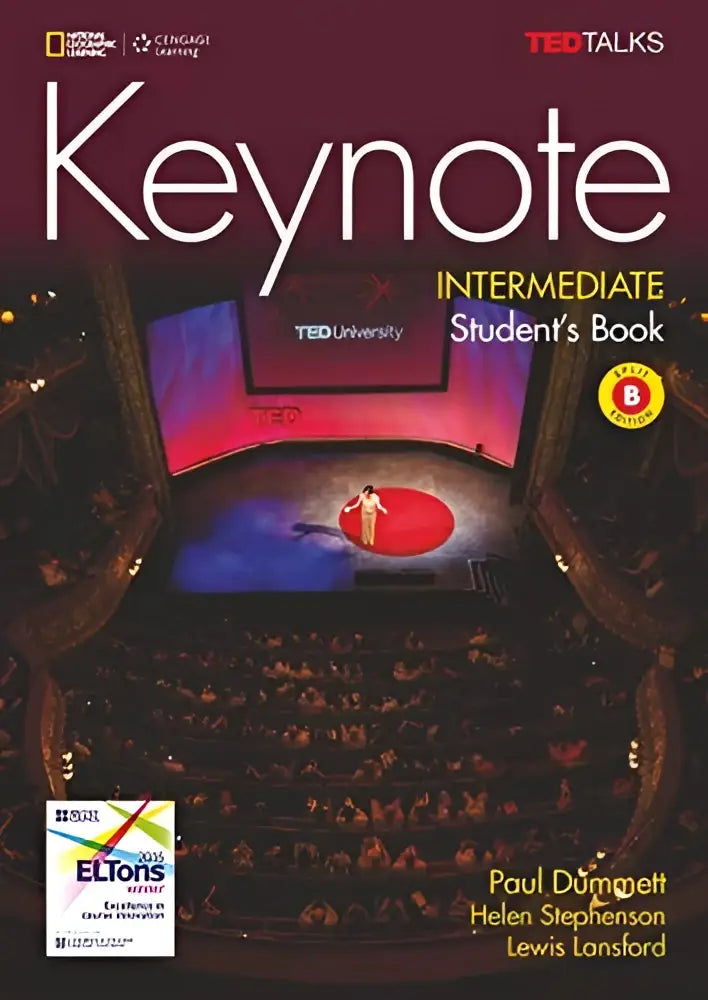 De cover van keynote intermediate students book split b toont een ted talks podium met spreker en warme verlichting voor kritisch denken