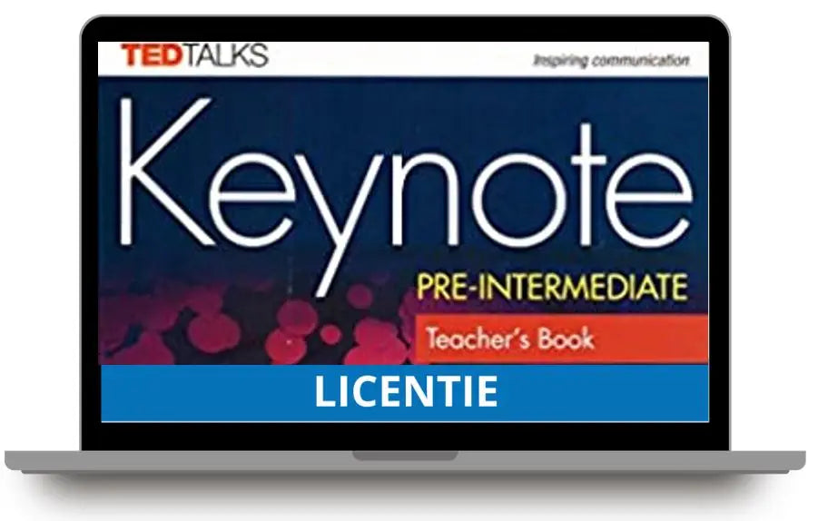 De laptop toont een keynote pre-intermediate teachers book access card advertentie met witte en gele tekst