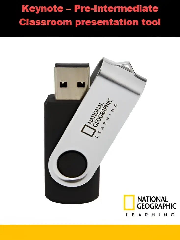 Zilver zwarte swivel usb flashdrive met national geographic learning branding voor keynote pre-intermediate classroom presentatie en visuele geletterdheid