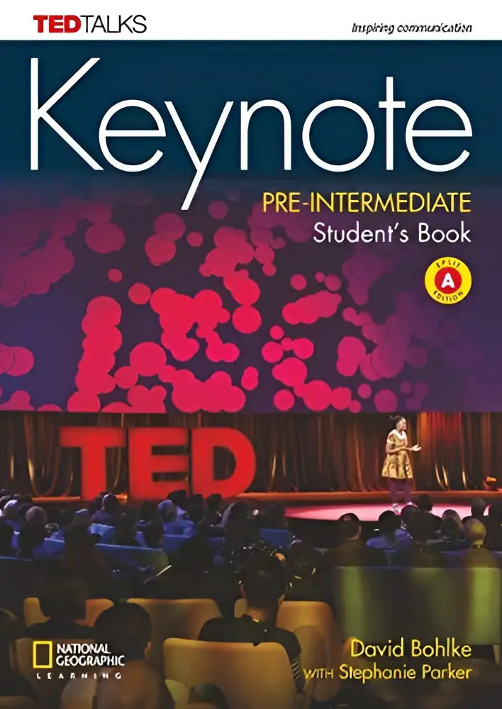 Pre-intermediate student’s book keynote met levendig roze en paarse abstracte omslag in book split uitvoering
