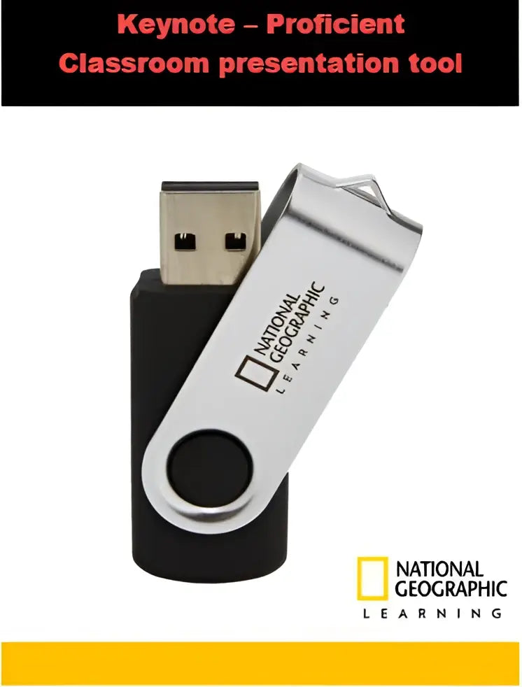 Zwartzilver draaibare usb-flashdrive met national geographic learning branding als lespresentatietool voor professionele presentatie in de klas
