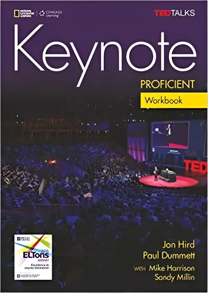 De cover van de keynote proficient workbook met audio cd toont een paars ontwerp en benadrukt kritisch denken en visuele geletterdheid