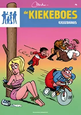 De comicboekcover voor Kiekebanus toont een levendige cartoonstijl met felle kleuren en gedurfde lijnen