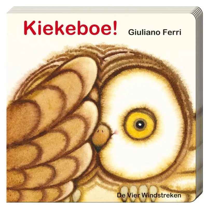 Een charmant geïllustreerd kinderboek cover met een zachte bruine uil voor jonge lezers getiteld kiekeboe van giuliano ferri