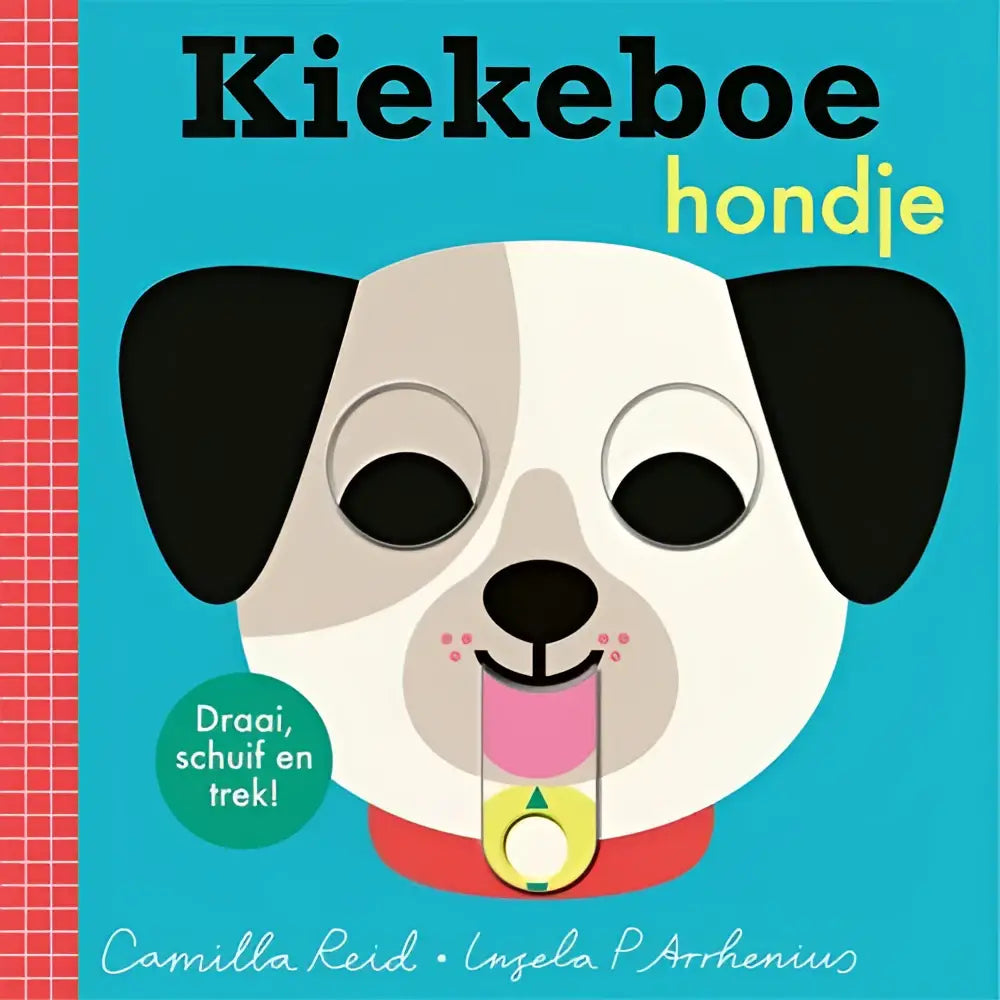 Een zwart-wit hondjesmasker met roze tong en gele cirkel, perfect voor kinderen uit het kiekeboe hondje nederlandstalig kartonboek