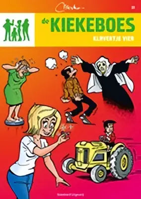 De kiekeboes klavertje vier comic boek heeft een levendige rode cover met zwarte en witte cartoons