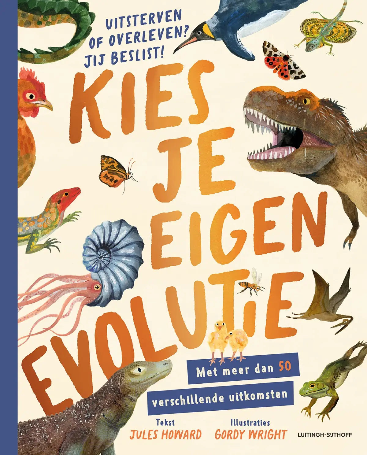 Vibrante geïllustreerde kinderboekcover kies je eigen evolutie met thema uitsterven of overleven