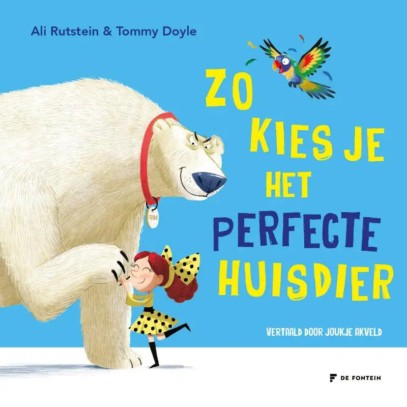 Kinderboek cover met een witte ijsbeer met rood halsband en een meisje in een gele stippen jurk voor jonge lezers over het perfecte huisdier