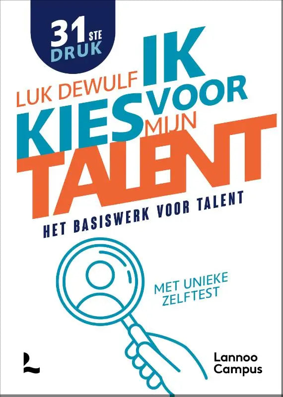 The book cover of ik kies voor mijn talent by luk dewulf features bold orange and teal text on a white background