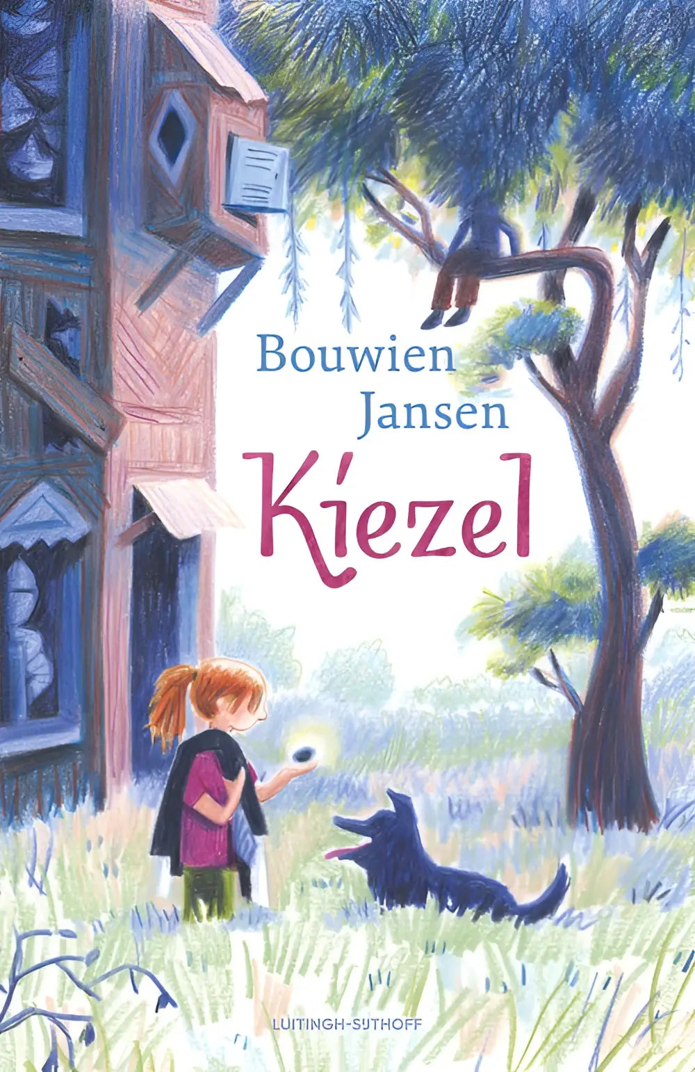 De nederlandstalige hardback kiezel van bouwien jansen toont een jonge lezersboek met meisje en hond in rood hoofdstuk