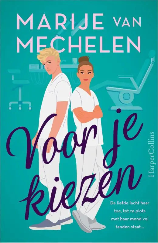 Teal boekomslag voor je kiezen met geïllustreerde personages in witte medische kleding liefde lacht tanden staat