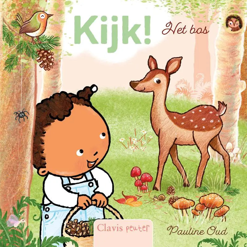 Kijk het bos kinderprentenboek met cartoonkind in lichtblauwe tuinbroek en mand met dennenappels voor jonge lezers