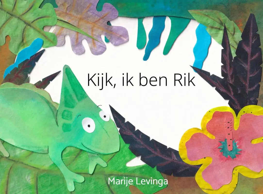 A kleurrijke groene kameleon met grote witte ogen op de cover van kijk ik ben rik gericht op jonge lezers