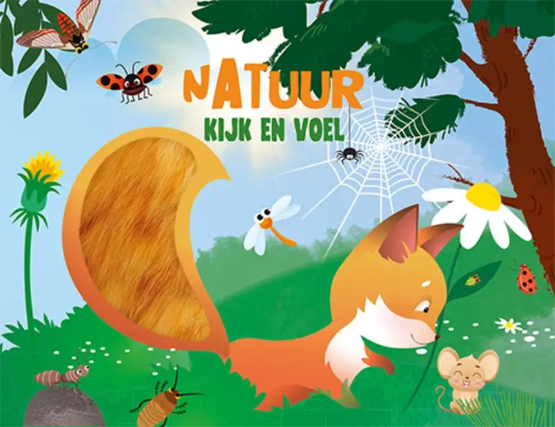 Een cartoonstijl illustratie van een levendige oranje vos met witte buik op het product Kijk en voel natuur