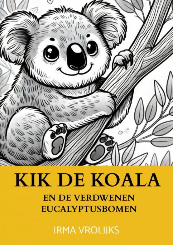 Een zwart-witte illustratie van een koala met gedetailleerde vacht op de cover van kik de koala en de verdwenen eucalyptusbomen voor jonge lezers