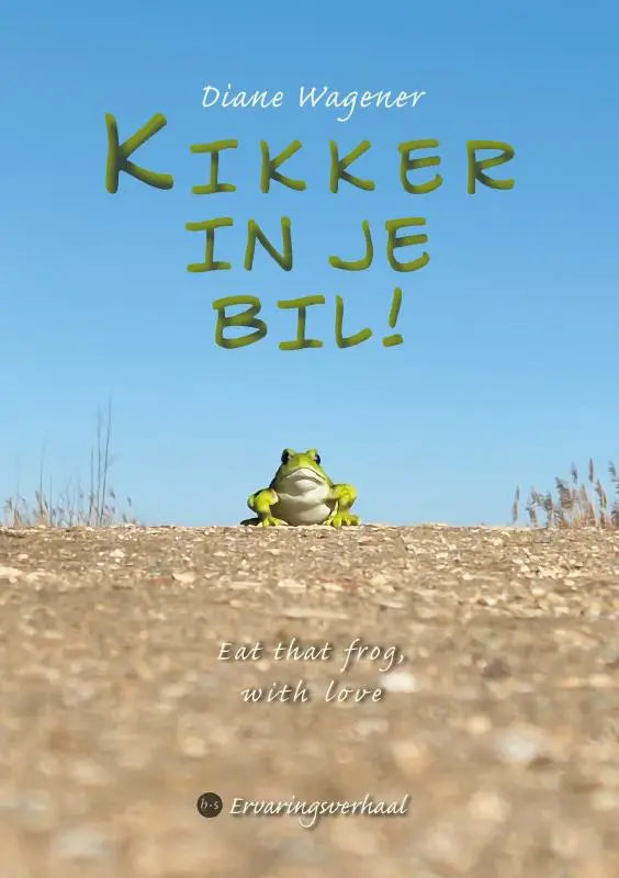 Een groene cartoon kikker met een vriendelijke uitstraling zit op grind onder een blauwe lucht in kikker in je bil eat that frog