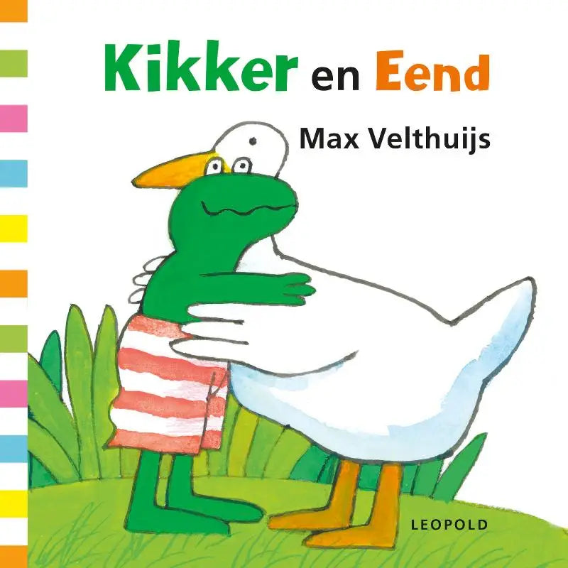 Een kleurrijk kinderboek cover van kikker en eend door max velthuijs met een groene kikker in rood-witte korte broek