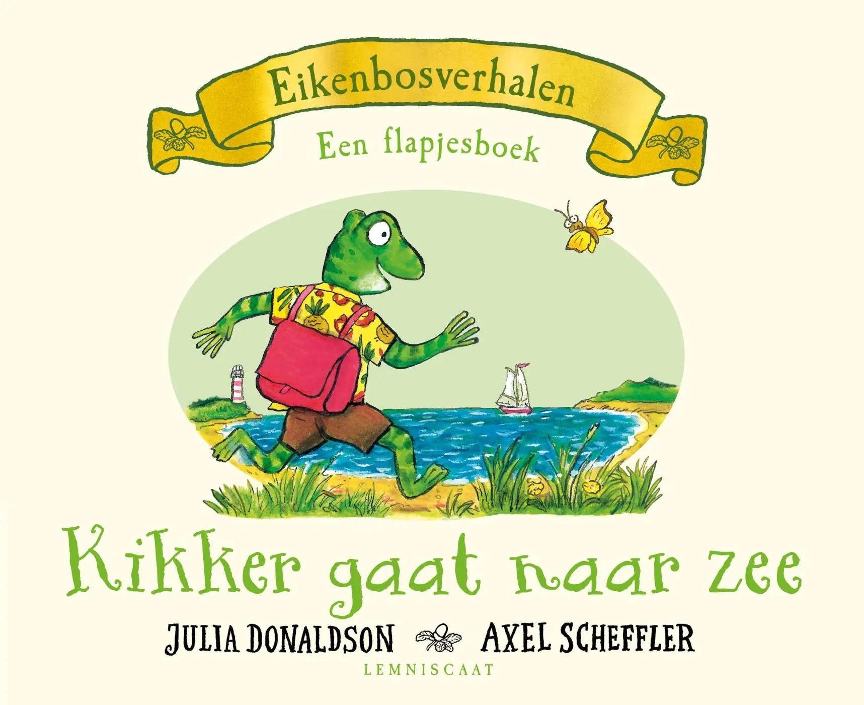 A groene kikker draagt een gele bloemenblouse en bruine korte broek met felroze rugzak in kikker gaat naar zee voor jonge lezers