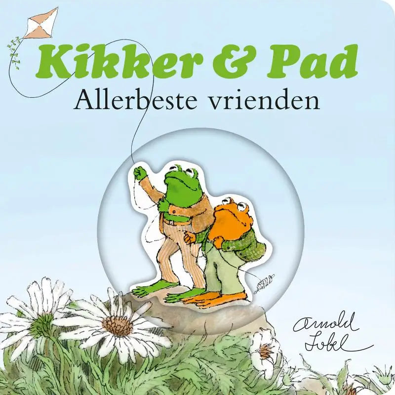 Groene en oranje cartoonkikkers in bruine broek en groene vesten staan samen op een rots met vliegerdraad voor jonge lezers allerbeste vrienden