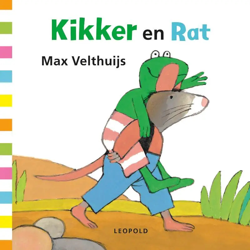Kleurige kinderboekcover kikker en rat met groene kikker en grijze rat in cartoonkleding voor jonge lezers