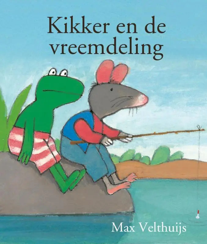 Kinderboekcover van kikker en de vreemdeling met een groene kikker en een grijze muis in gestreepte zwembroeken door max velthuijs
