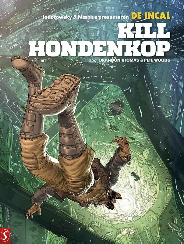 De cover van het comic boek kill hondenkop toont een personage met bruine, geharnaste broek en laarzen vallend door een futuristisch groen stadslandschap