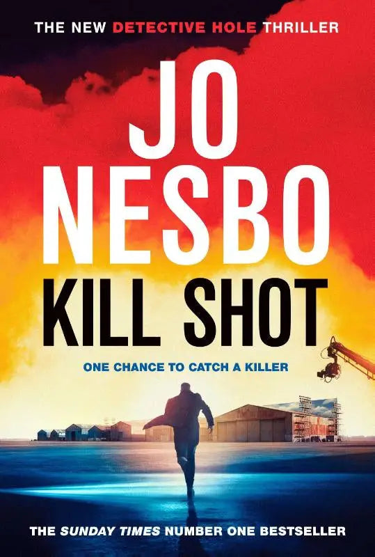 The book cover of kill shot by jo nesbo features bold white and black text against a fiery red-orange sky with industrial silhouettes for spannende fictie crime and mystery fans