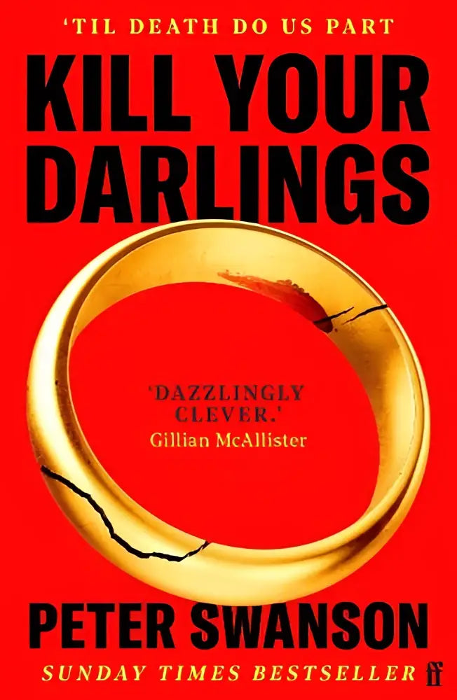 Een goudkleurige ring met een zichtbare barst tegen een rode achtergrond op de cover van kill your darlings een slimme moordmysterieroman