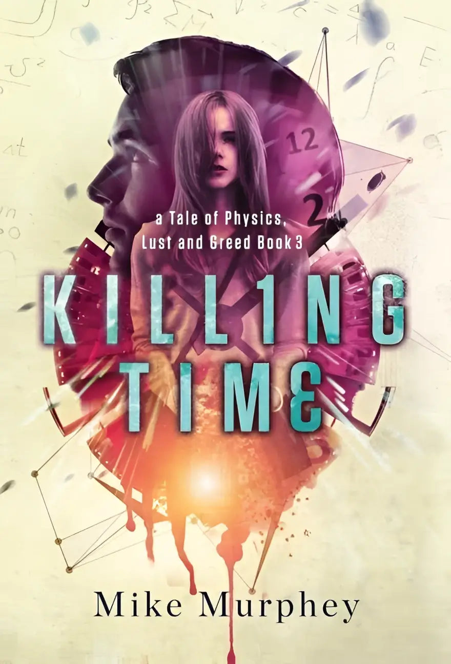 The book cover of killing time shows a woman with light hair against purple and orange hues in the greed series book 3