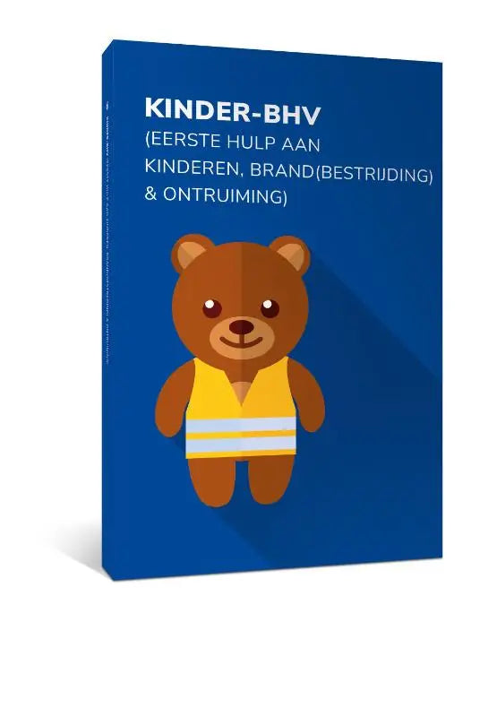Blauw hardcover boek kinder-bhv met cartoonbruine beer in geel veiligheidsvest met witte reflecterende strepen
