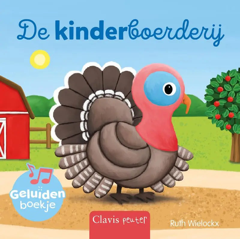Een cartoon kalkoen met een roze kop en blauwe ogen voor een rode schuur in de kinderboerderij voor jonge lezers