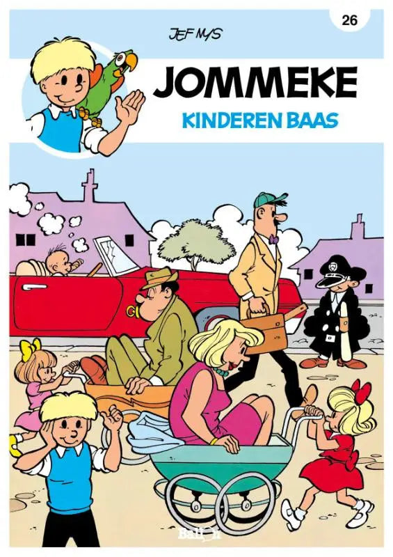 De cover van de jommeke strip kinderen baas met cartoonillustratie van jef mys en een rode auto