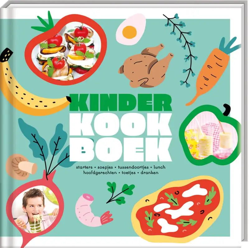 Een kleurrijk kinder kookboek met een licht turquoise kaft en speelse illustraties voor jonge lezers