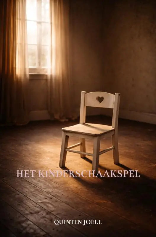 Een eenvoudige witte houten kinderstoel met hartvormige uitsparing onder warm zonlicht voor Het kinderschaakspel