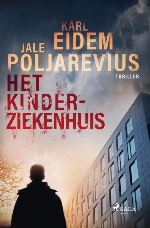 Het kinderziekenhuis boekcover van karl eidem en jale poljarevius met rode en gouden tekst en silhouet voor gebouw