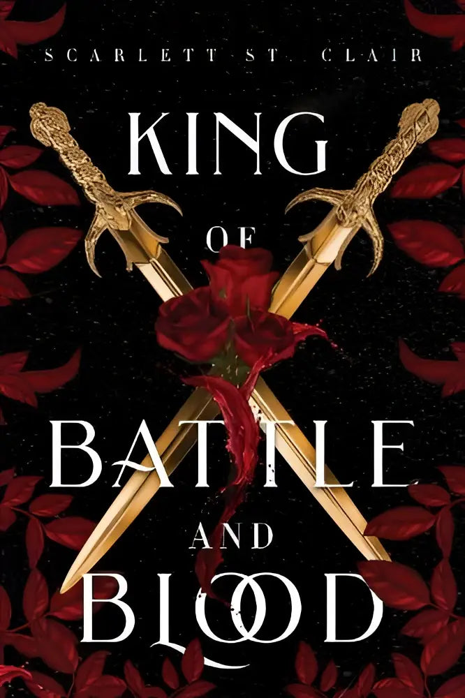Gouden zwaarden gekruist over een rode roos op een donkere achtergrond voor king of battle and blood steamy vampire romance