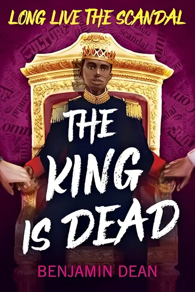 The king is dead boekomslag toont een koningsblauw gewaad met goudkleurige afwerking en een gouden kroon