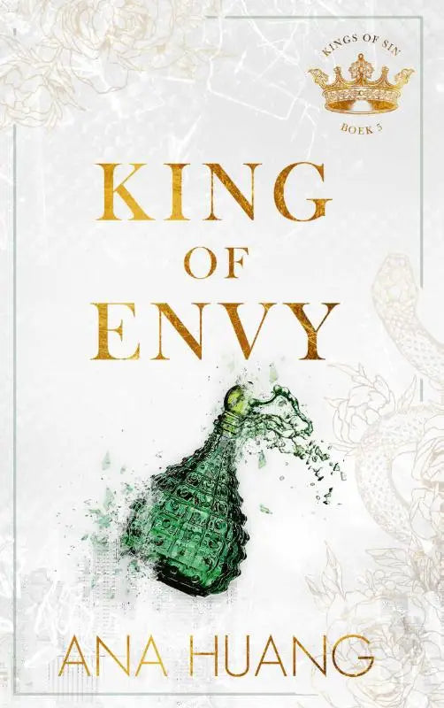 Een groene, sierlijke parfumfles king of envy met gouden dop en fijne details