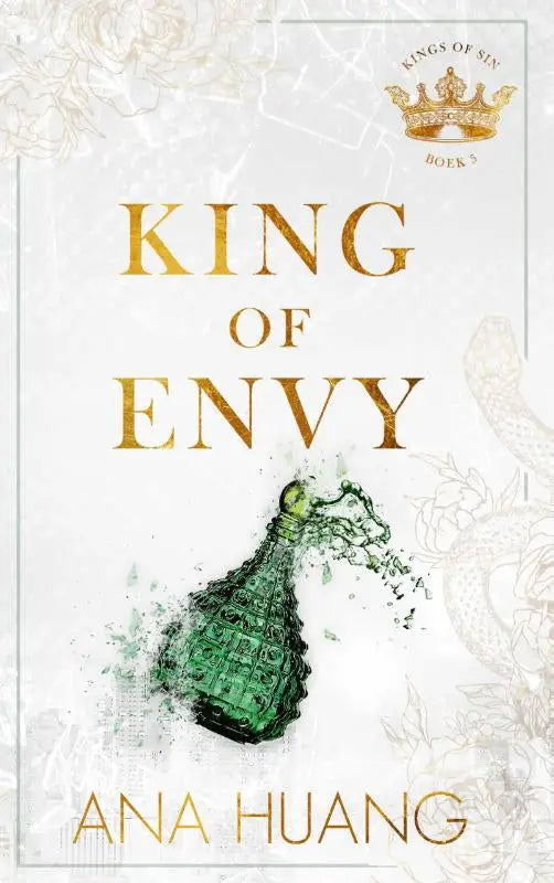 Groene glazen fles king of envy met ingewikkelde gravures en gouden dop, ana huang liefde boeken thema