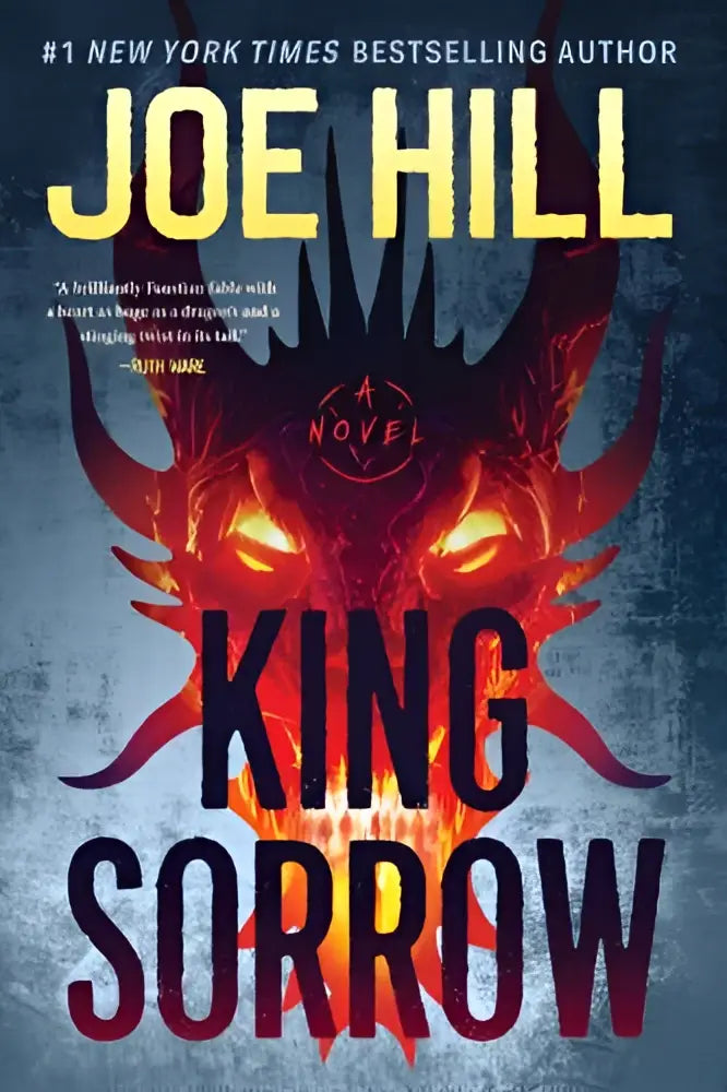 De cover van king sorrow toont een vurige draak met gloeiende oranje ogen en rood-oranje vlammen op een donkerblauwe achtergrond