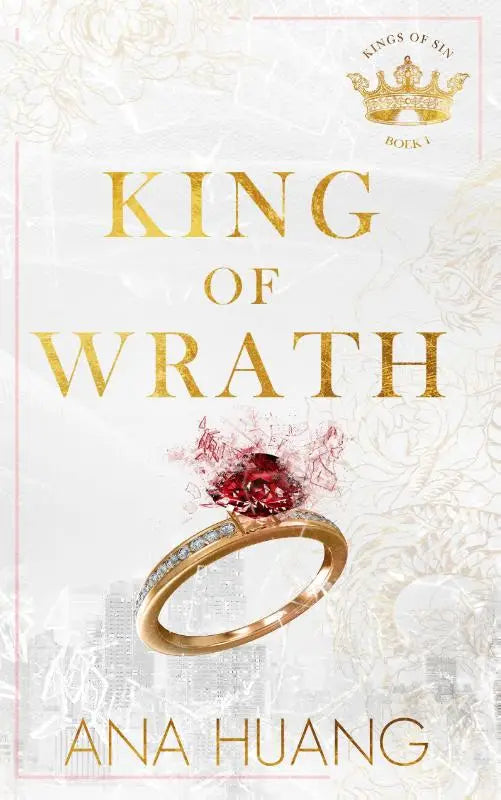 Een gouden ring met een rode edelsteen en diamanten accenten geïnspireerd op ana huang kings of sin arranged marriage