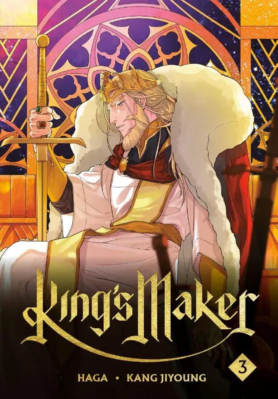 Cover van king’s maker volume 3 toont een blonde koning met baard op een rijk versierde troon met een zwaard fantasy romance