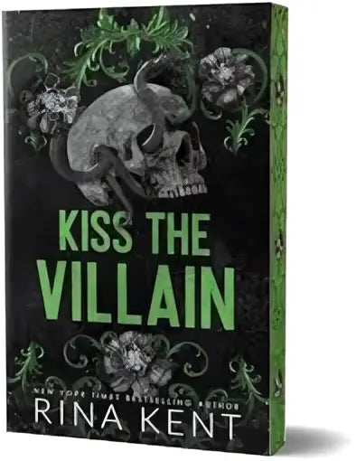 De boekcover van kiss the villain deluxe edition door rina kent toont een zwartgroen ontwerp met een sierlijke schedel voor dark mm romance