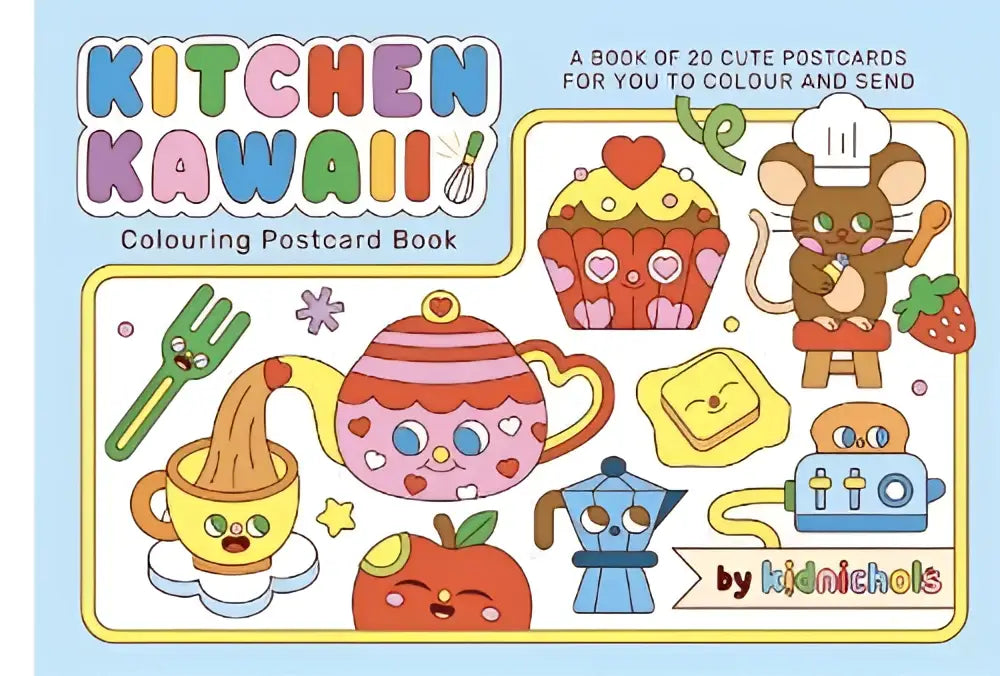 Kitchen kawaii colouring postcard book met 20 cute postcards voor jou om te kleuren en te versturen in pastelkleuren