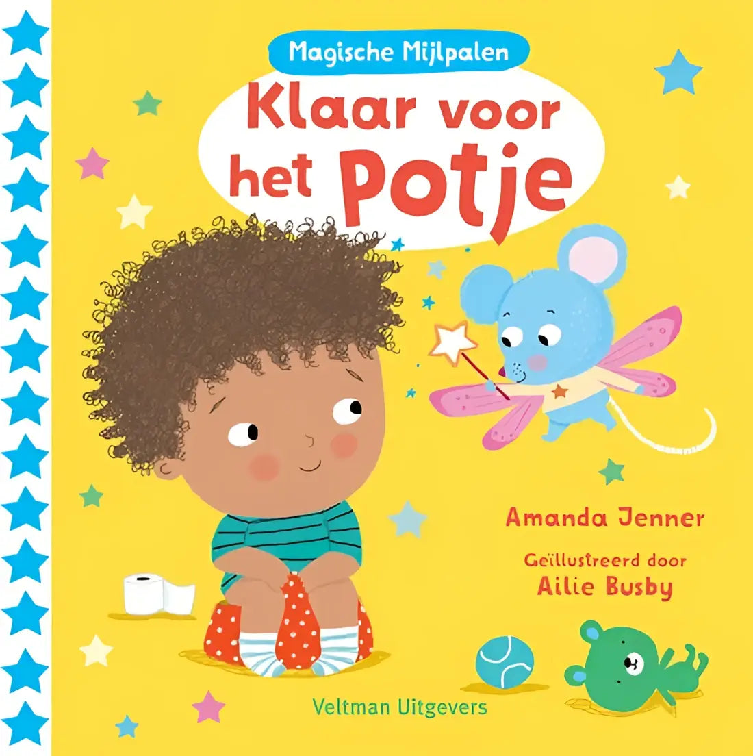 Een levendige gele kinderboekenhoes van klaar voor het potje met een cartoonkind en een betoverende muis voor jonge lezers