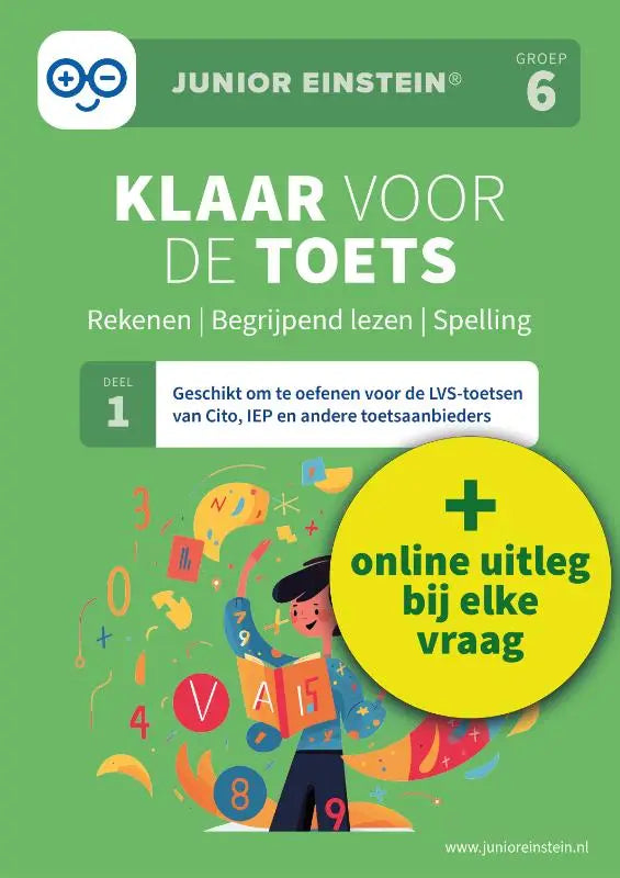 Groen omslag junior einstein werkboek groep 6 met cartoonkind en kleurrijke rekensymbolen geschikt voor andere toetsaanbieders