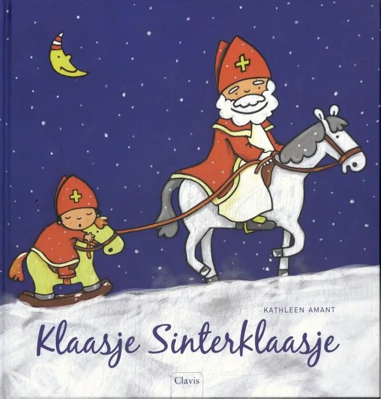 Kinderboek klaasje sinterklaasje met kleine helper sinterklaas te paard en kind op hobbelpaard onder maanონ