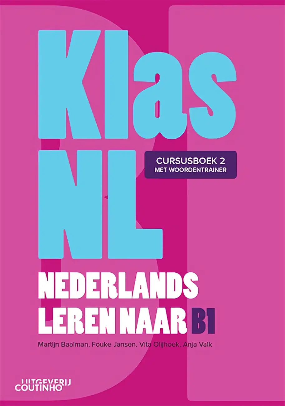 De voorkant van de klas nl dutse taalboek b1 met turquoise en witte tekst op een felle roze achtergrond